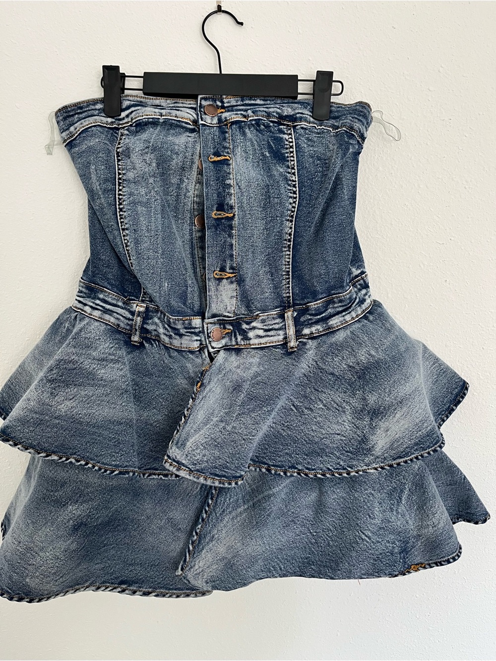 Daisy Strapless Washed Denim Tiered Ruffle Jumpsuit - Blue